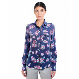 Loft floral button down shirt blouse top grey multi long sleeves Sz L